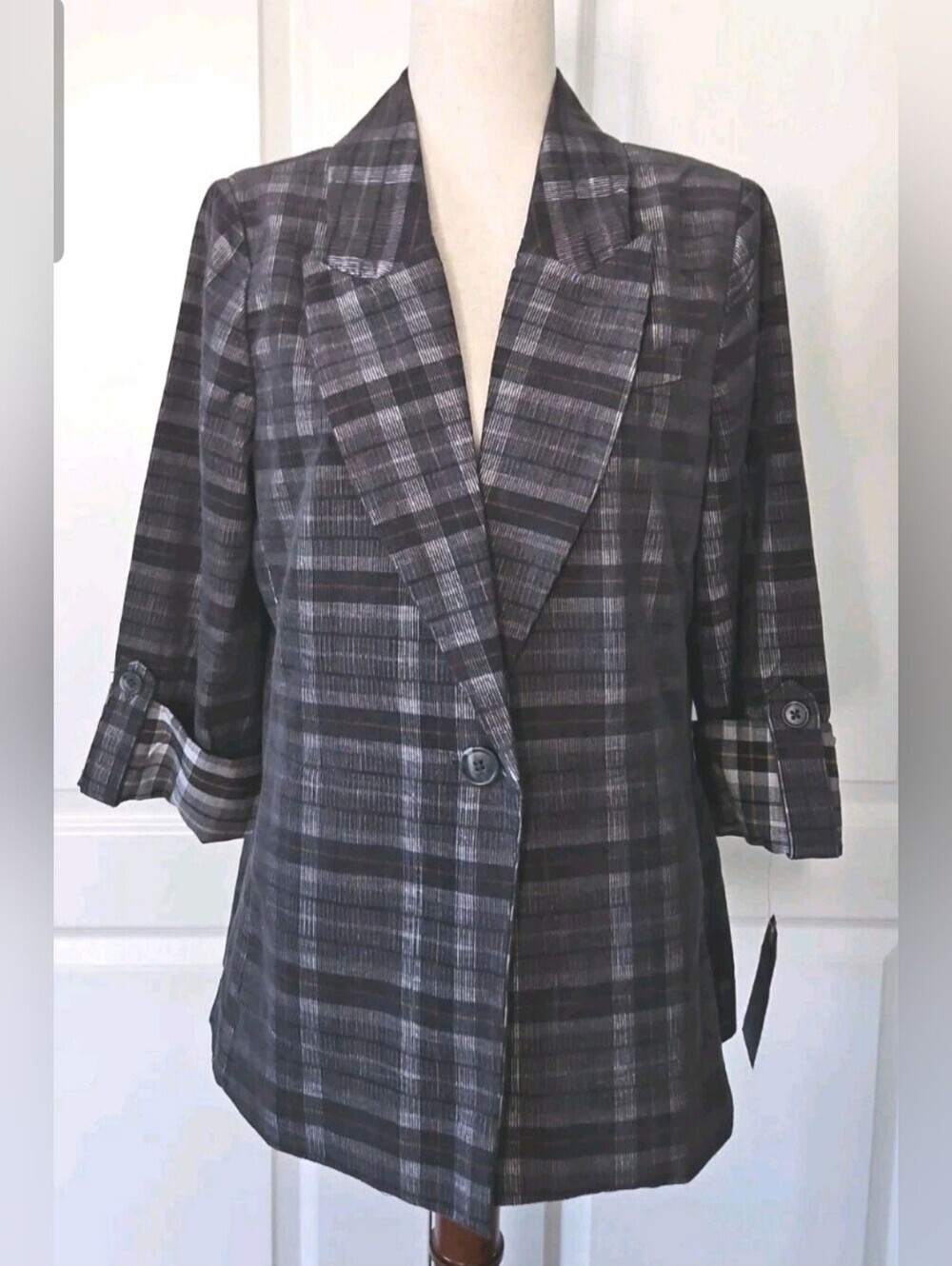 Democracy Oversized Plaid Blazer Roll Tab Sleeves NWT M